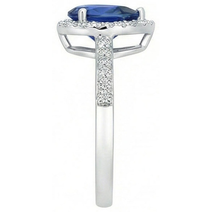 Halo Pear Blue Sapphire Ring & Natural Earth Mined Diamonds 3.25 Carats White Gold 14K