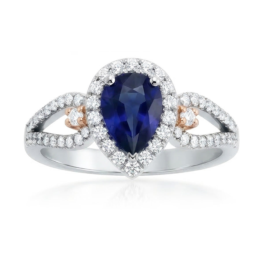 Halo Pear Ceylon Sapphire Ring Natural Earth Mined Diamond Ladies Jewelry
