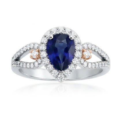 Halo Pear Ceylon Sapphire Ring Natural Earth Mined Diamond Ladies Jewelry