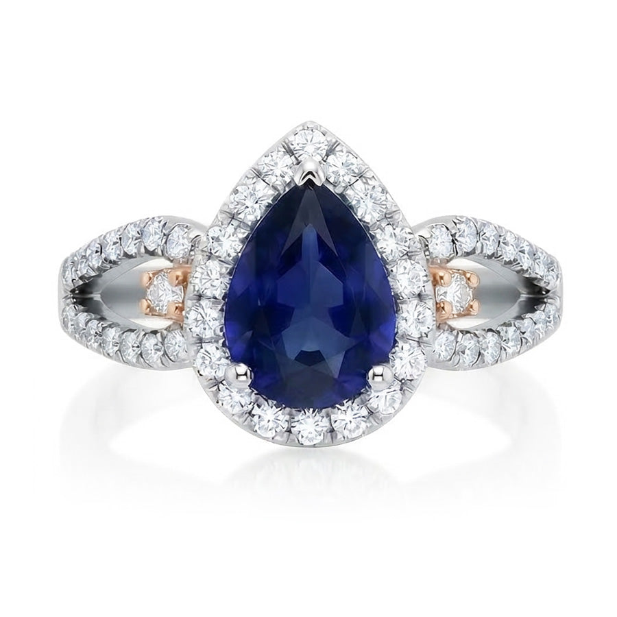 Halo Pear Ceylon Sapphire Ring Natural Earth Mined Diamond Ladies Jewelry