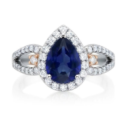 Halo Pear Ceylon Sapphire Ring Natural Earth Mined Diamond Ladies Jewelry