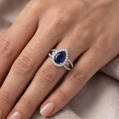 Halo Pear Ceylon Sapphire Ring Natural Earth Mined Diamond Ladies Jewelry