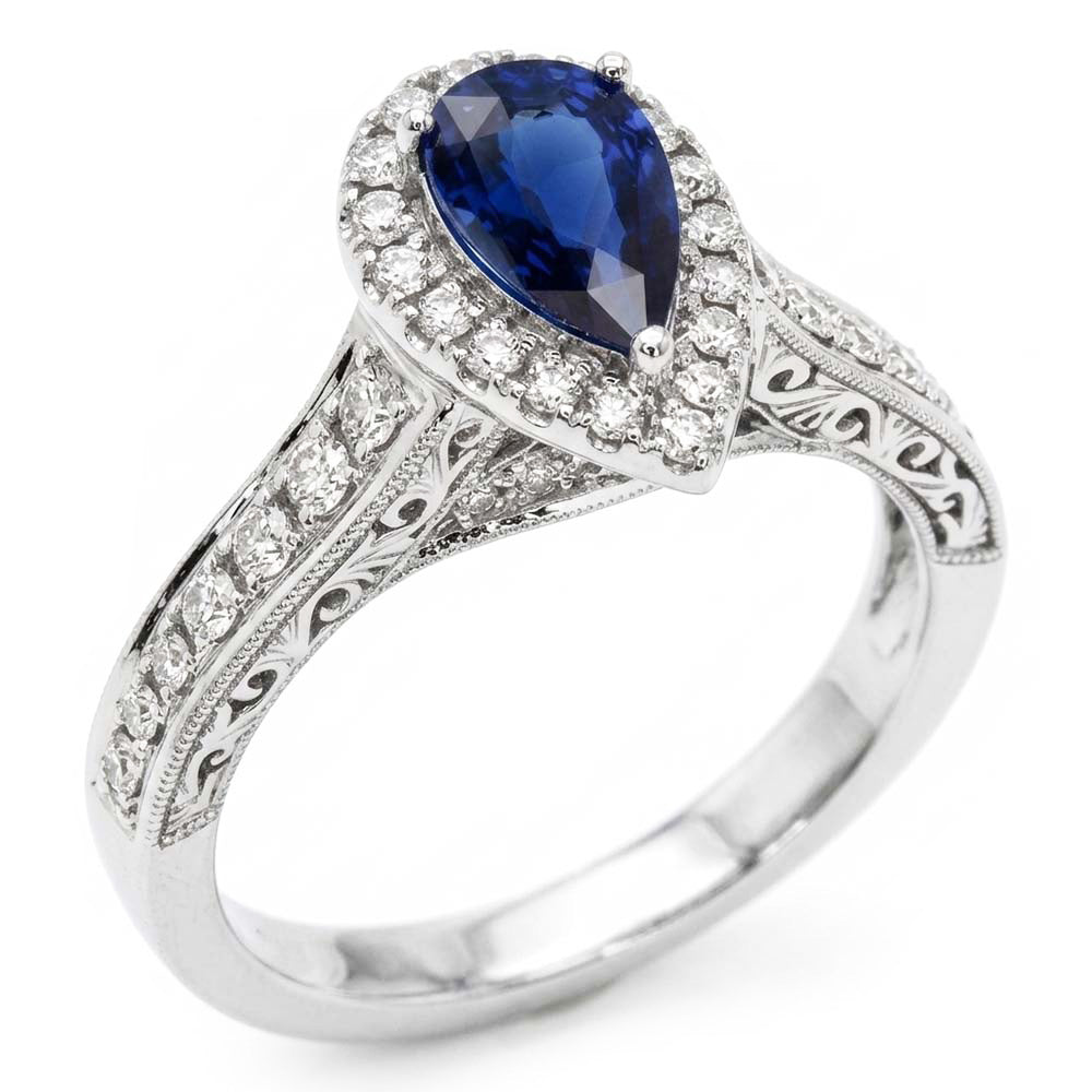 Halo Pear Cut Ceylon Sapphire Ring Antique Style Natural Earth Mined Diamonds
