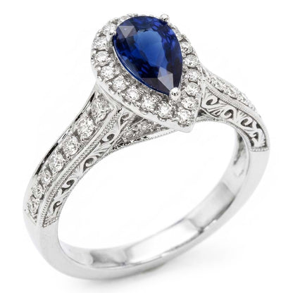 Halo Pear Cut Ceylon Sapphire Ring Antique Style Natural Earth Mined Diamonds