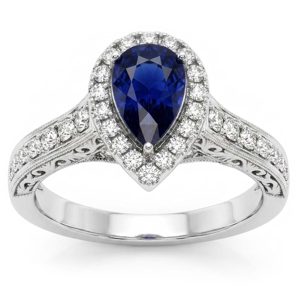 Halo Pear Cut Ceylon Sapphire Ring Antique Style Natural Earth Mined Diamonds