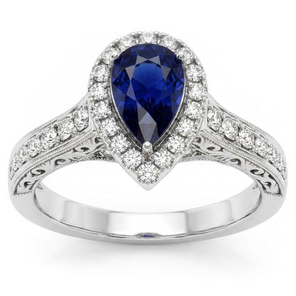 Halo Pear Cut Ceylon Sapphire Ring Antique Style Natural Earth Mined Diamonds