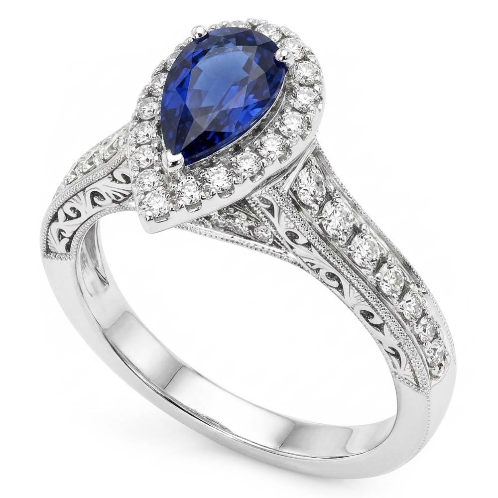 Halo Pear Cut Ceylon Sapphire Ring Antique Style Natural Earth Mined Diamonds