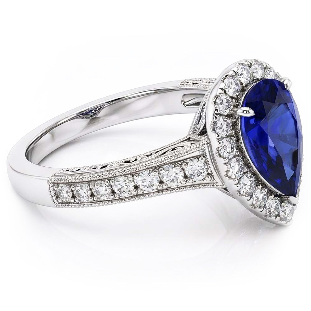 Halo Pear Cut Ceylon Sapphire Ring Antique Style Natural Earth Mined Diamonds