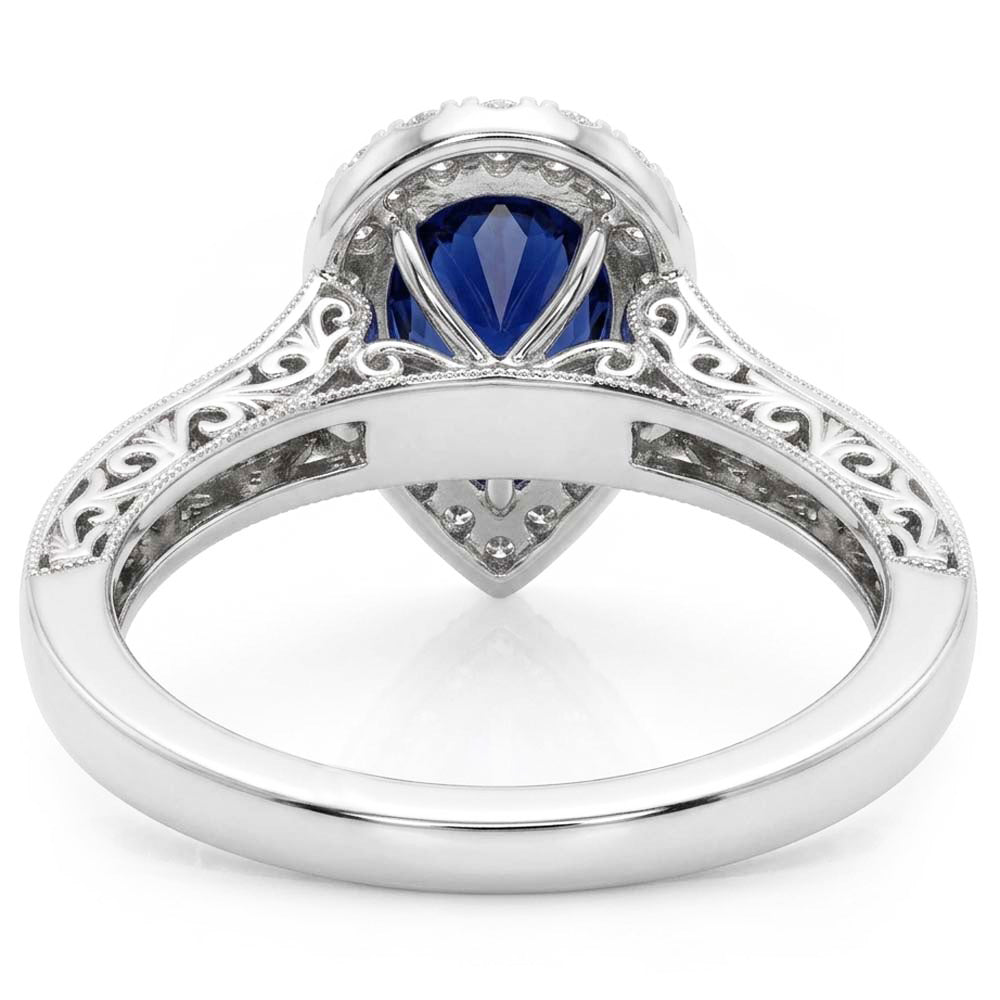 Halo Pear Cut Ceylon Sapphire Ring Antique Style Natural Earth Mined Diamonds