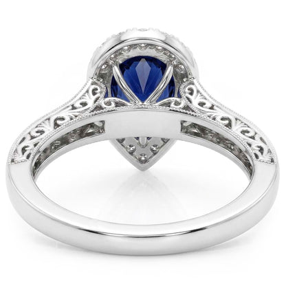 Halo Pear Cut Ceylon Sapphire Ring Antique Style Natural Earth Mined Diamonds