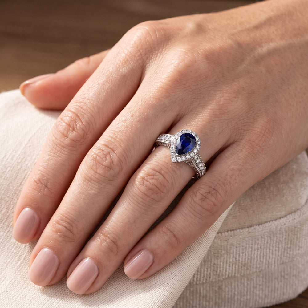 Halo Pear Cut Ceylon Sapphire Ring Antique Style Natural Earth Mined Diamonds