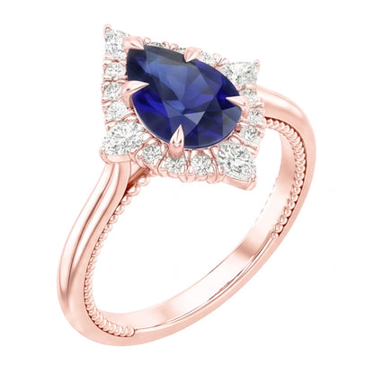 Halo Pear Cut Engagement Ring Blue Sapphire & Natural Earth Mined Diamonds 4 Carats