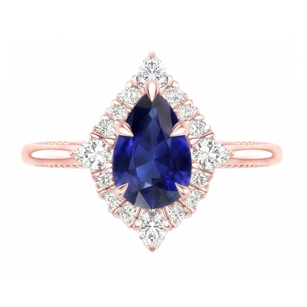 Halo Pear Cut Engagement Ring Blue Sapphire & Natural Earth Mined Diamonds 4 Carats
