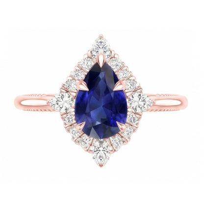 Halo Pear Cut Engagement Ring Blue Sapphire & Natural Earth Mined Diamonds 4 Carats