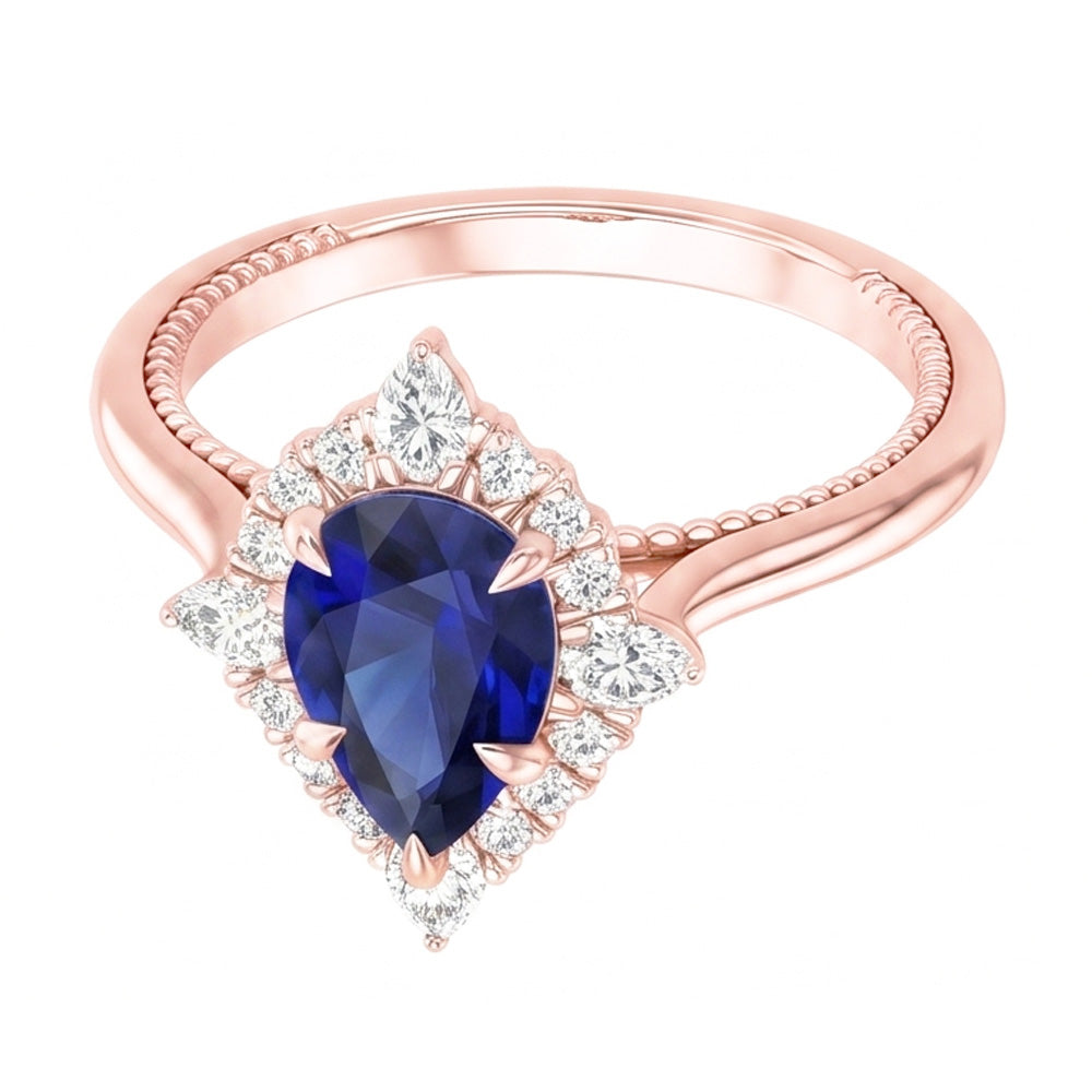 Halo Pear Cut Engagement Ring Blue Sapphire & Natural Earth Mined Diamonds 4 Carats