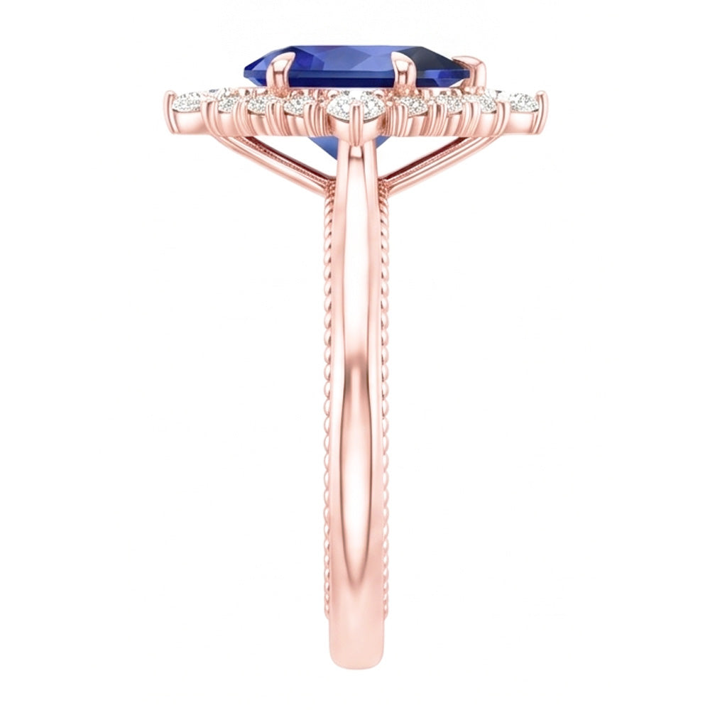 Halo Pear Cut Engagement Ring Blue Sapphire & Natural Earth Mined Diamonds 4 Carats