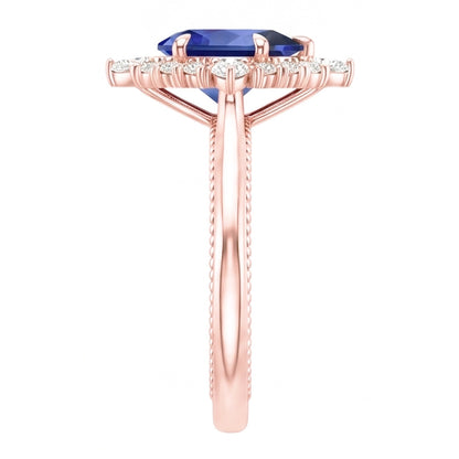 Halo Pear Cut Engagement Ring Blue Sapphire & Natural Earth Mined Diamonds 4 Carats
