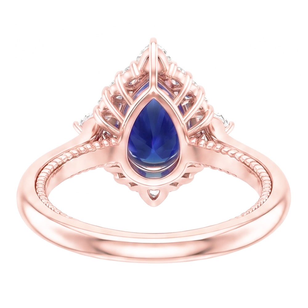 Halo Pear Cut Engagement Ring Blue Sapphire & Natural Earth Mined Diamonds 4 Carats