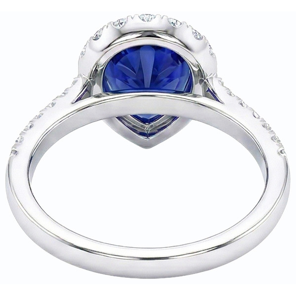 Halo Pear Shaped Blue Sapphire & Round Natural Earth Mined Diamond Ring 5 Carats