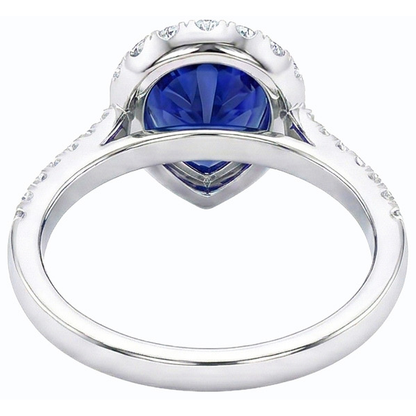 Halo Pear Shaped Blue Sapphire & Round Natural Earth Mined Diamond Ring 5 Carats