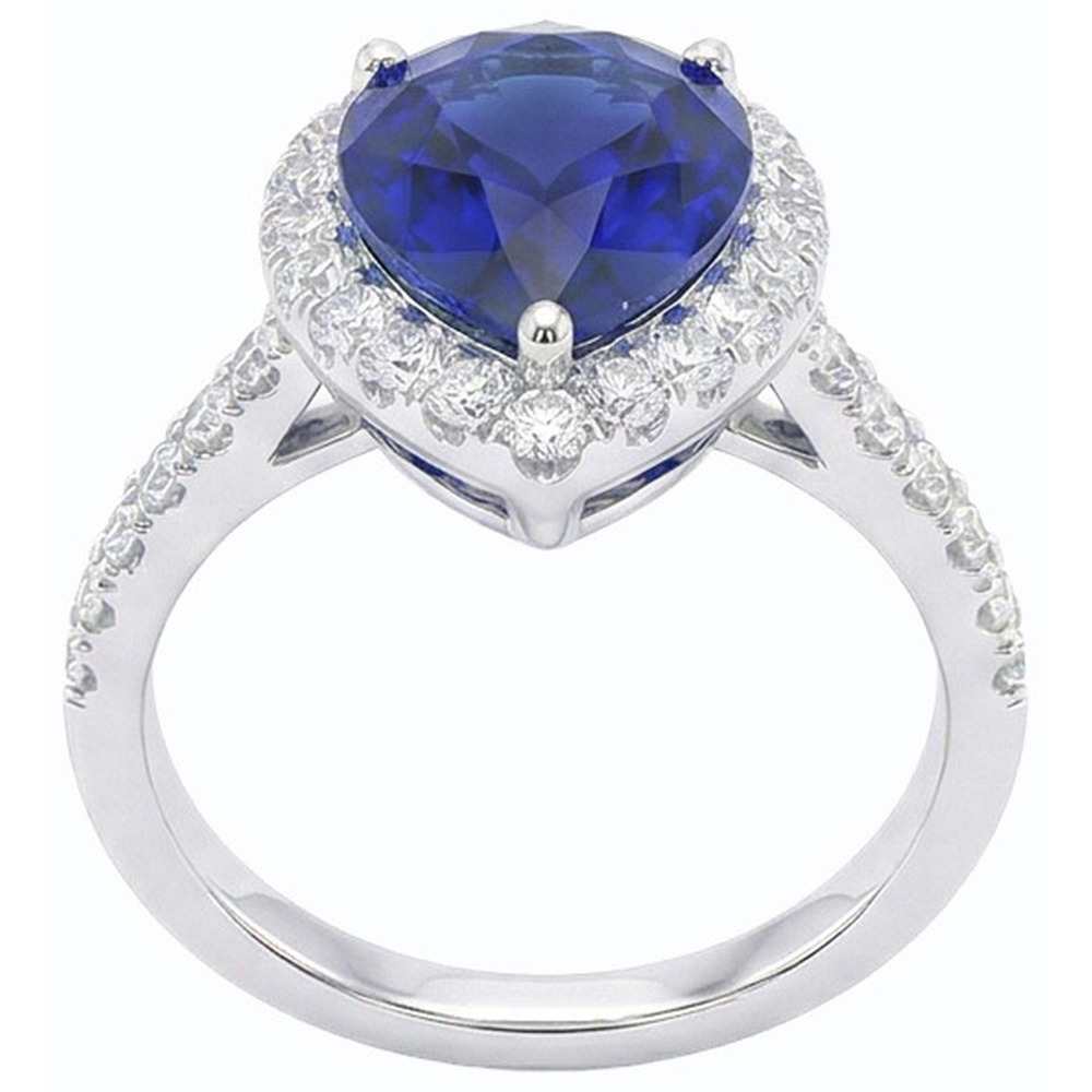 Halo Pear Shaped Blue Sapphire & Round Natural Earth Mined Diamond Ring 5 Carats