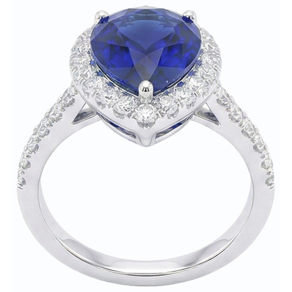 Halo Pear Shaped Blue Sapphire & Round Natural Earth Mined Diamond Ring 5 Carats
