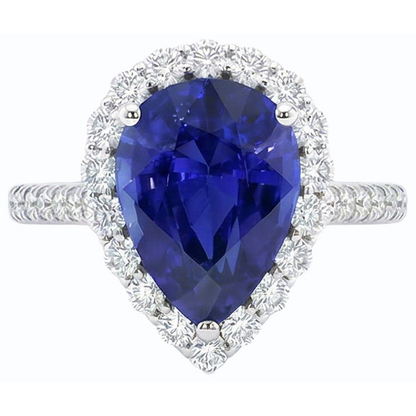 Halo Pear Shaped Blue Sapphire & Round Natural Earth Mined Diamond Ring 5 Carats