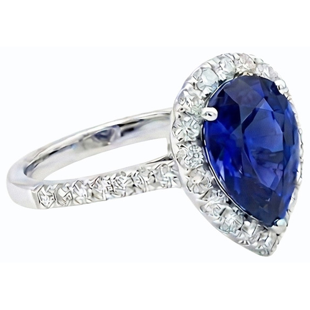 Halo Pear Shaped Blue Sapphire & Round Natural Earth Mined Diamond Ring 5 Carats