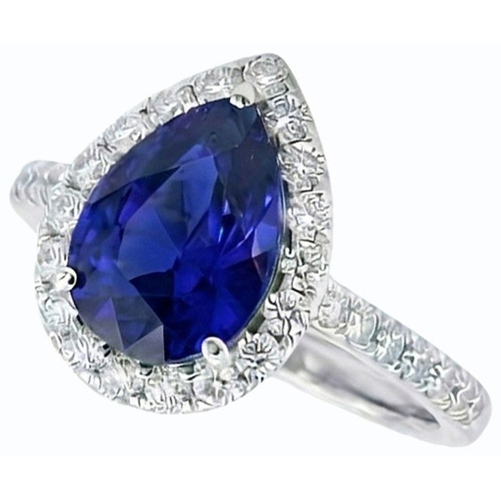 Halo Pear Shaped Blue Sapphire & Round Natural Earth Mined Diamond Ring 5 Carats