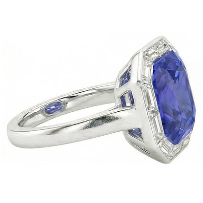 Halo Radiant Blue Sapphire Ring & Baguette Natural Earth Mined Diamonds 3.50 Carats