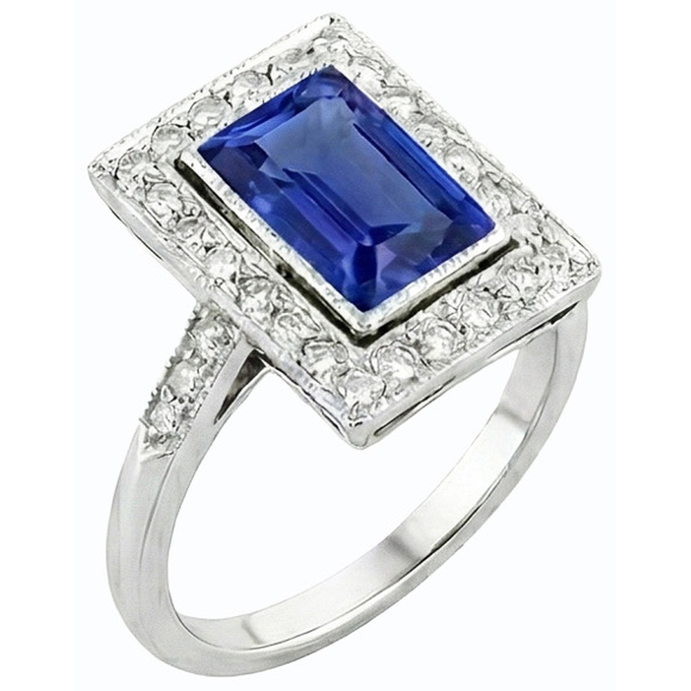 Halo Radiant Ceylon Sapphire Ring Antique Style & Natural Earth Mined Diamonds 4 Carats