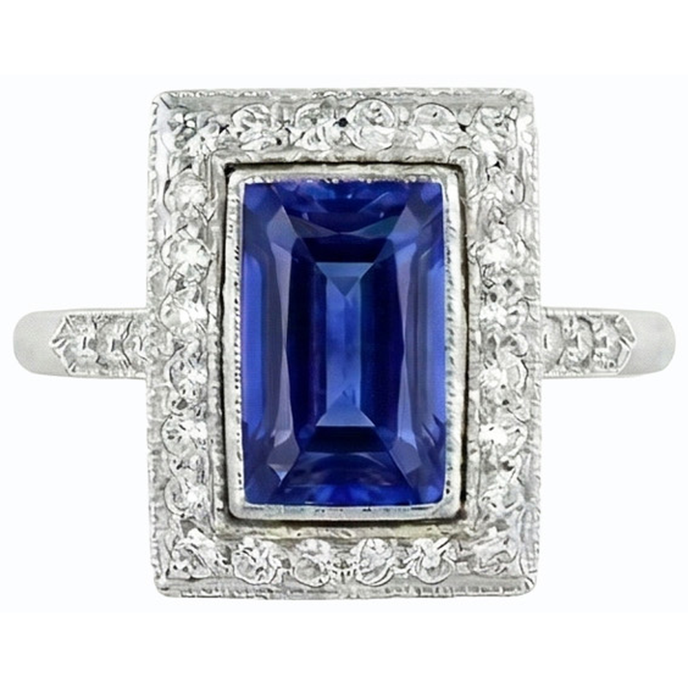 Halo Radiant Ceylon Sapphire Ring Antique Style & Natural Earth Mined Diamonds 4 Carats