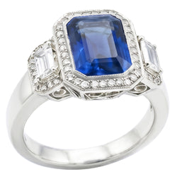 Halo Radiant Sapphire Ring Milgrain Shank Baguette Natural Earth Mined Diamonds 4 Carats