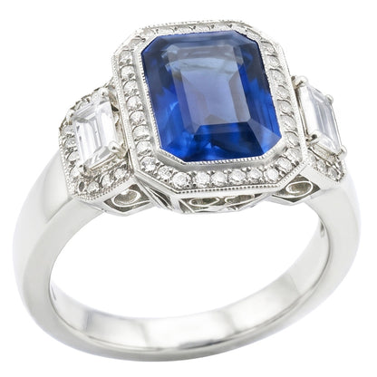 Halo Radiant Sapphire Ring Milgrain Shank Baguette Natural Earth Mined Diamonds 4 Carats