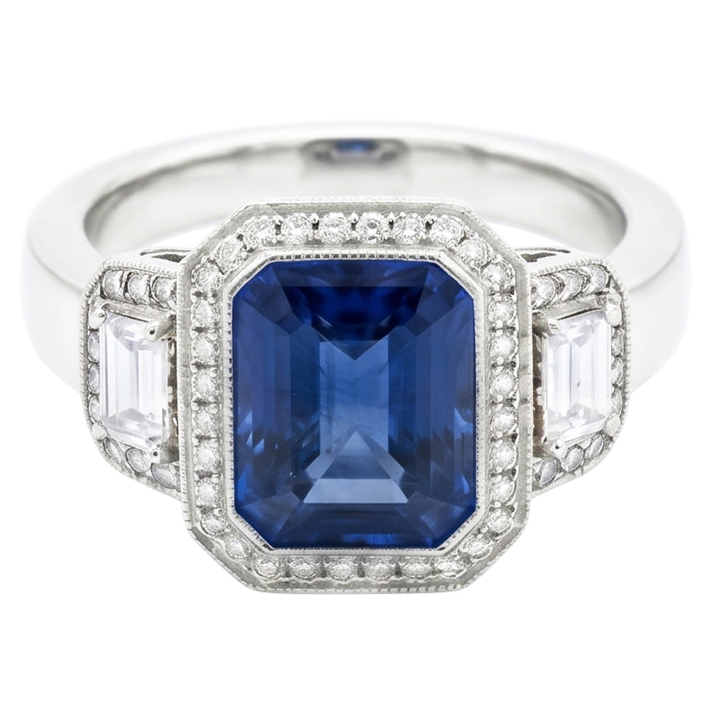 Halo Radiant Sapphire Ring Milgrain Shank Baguette Natural Earth Mined Diamonds 4 Carats