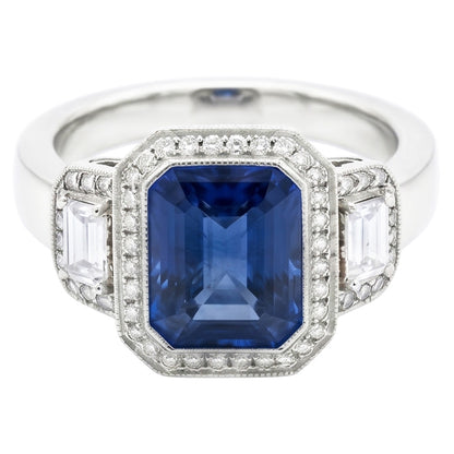 Halo Radiant Sapphire Ring Milgrain Shank Baguette Natural Earth Mined Diamonds 4 Carats