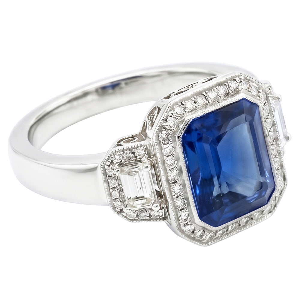 Halo Radiant Sapphire Ring Milgrain Shank Baguette Natural Earth Mined Diamonds 4 Carats