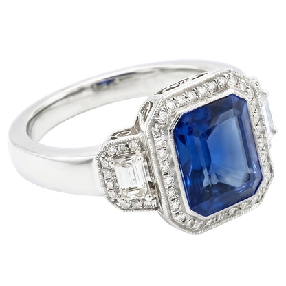 Halo Radiant Sapphire Ring Milgrain Shank Baguette Natural Earth Mined Diamonds 4 Carats