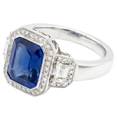 Halo Radiant Sapphire Ring Milgrain Shank Baguette Natural Earth Mined Diamonds 4 Carats