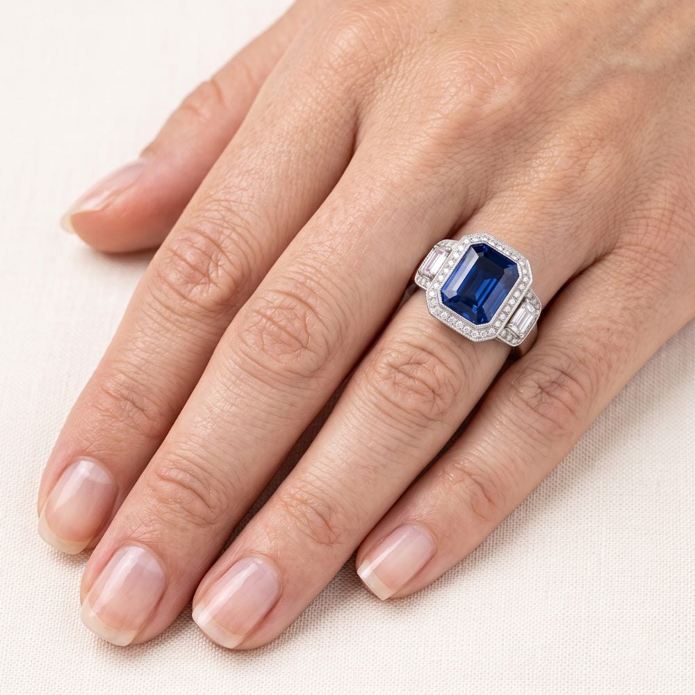 Halo Radiant Sapphire Ring Milgrain Shank Baguette Natural Earth Mined Diamonds 4 Carats