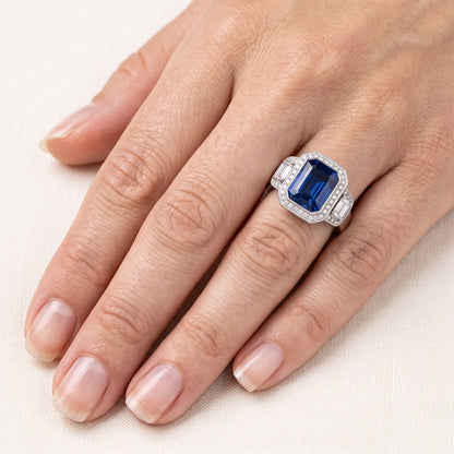 Halo Radiant Sapphire Ring Milgrain Shank Baguette Natural Earth Mined Diamonds 4 Carats