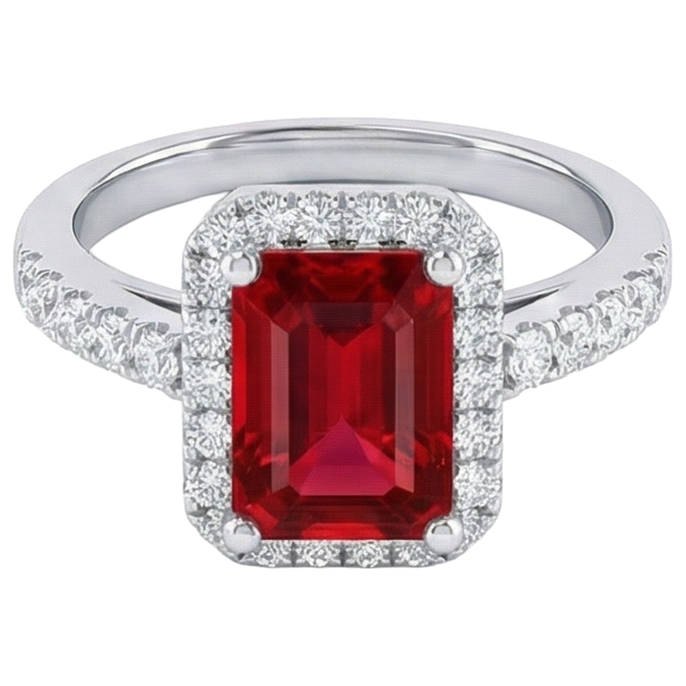Halo Red Ruby With Natural Earth Mined Diamonds 4.45 Carats Ring White Gold 14K New