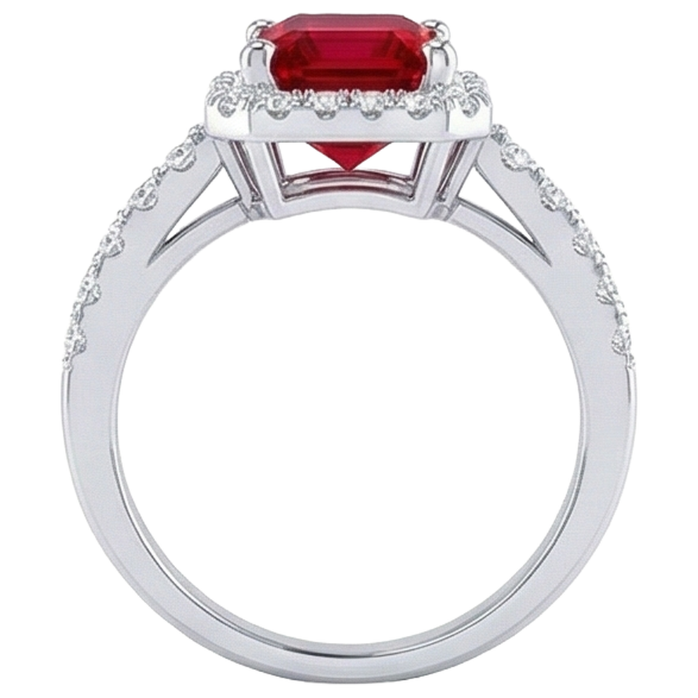 Halo Red Ruby With Natural Earth Mined Diamonds 4.45 Carats Ring White Gold 14K New