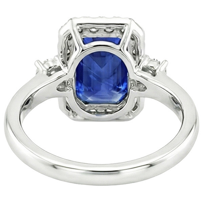 Halo Ring 3 Stones Radiant Blue Sapphire & Natural Earth Mined Diamond 4.50 Carats