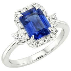 Halo Ring 3 Stones Radiant Blue Sapphire & Natural Earth Mined Diamond 4.50 Carats