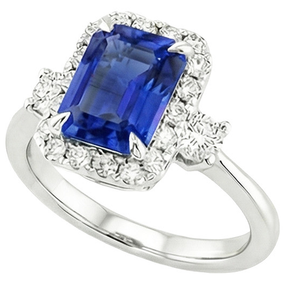 Halo Ring 3 Stones Radiant Blue Sapphire & Natural Earth Mined Diamond 4.50 Carats
