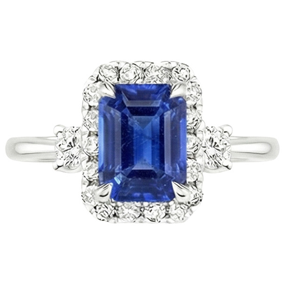 Halo Ring 3 Stones Radiant Blue Sapphire & Natural Earth Mined Diamond 4.50 Carats