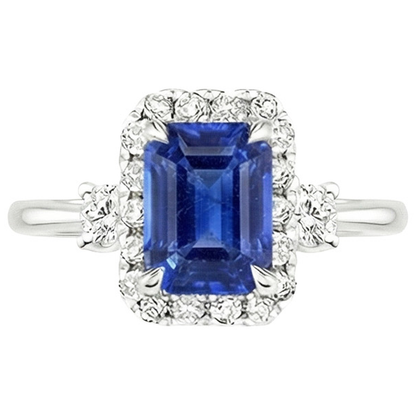Halo Ring 3 Stones Radiant Blue Sapphire & Natural Earth Mined Diamond 4.50 Carats
