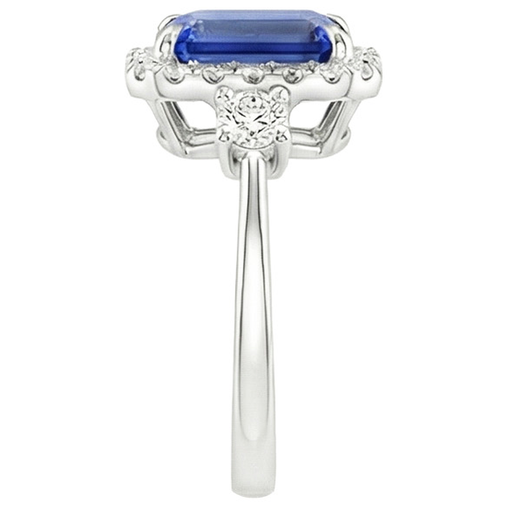 Halo Ring 3 Stones Radiant Blue Sapphire & Natural Earth Mined Diamond 4.50 Carats