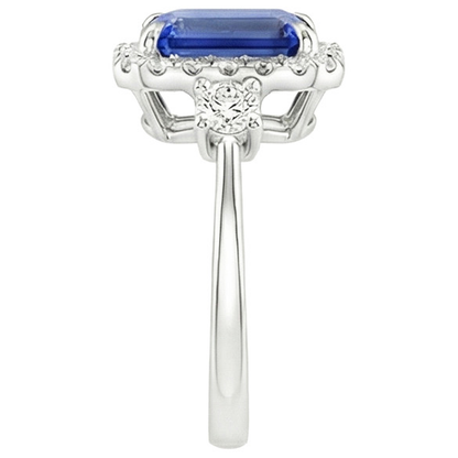 Halo Ring 3 Stones Radiant Blue Sapphire & Natural Earth Mined Diamond 4.50 Carats